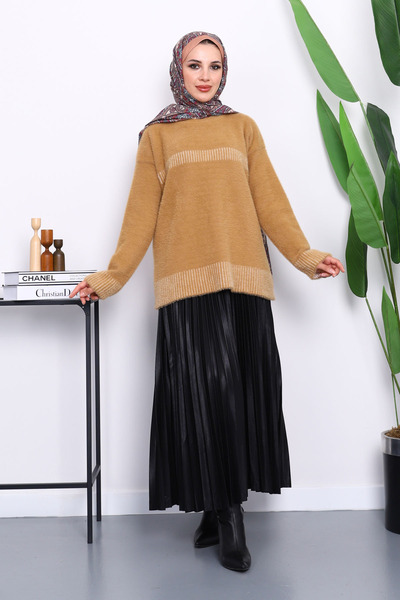 İmajButik Πλεκτό πουλόβερ με ρίγες Angora με λαιμόκοψη μπισκότο