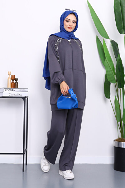 İmajButik Smoked Stone Detailed Zippered Tunic with Pants Modal Set