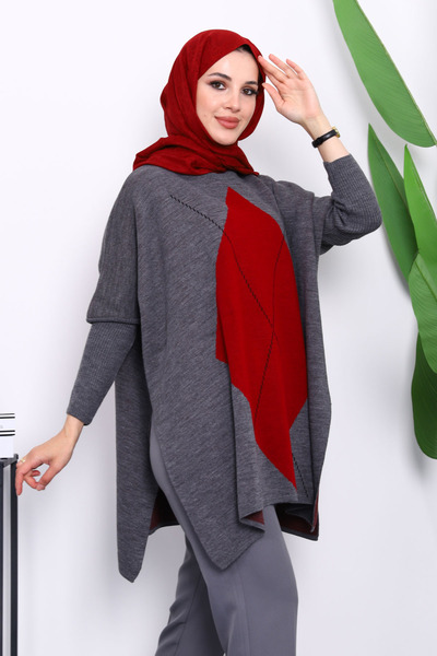 İmajButik Smoked Burgundy Crew Neck Side Slit Poncho