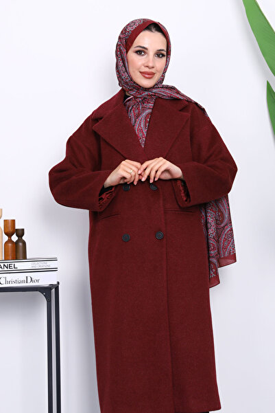 İmajButik Μπορντό παλτό με διπλό γιακά με επένδυση από κασετίνα