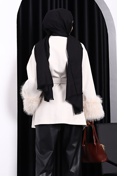 İmajButik Μπεζ παλτό με διπλή τσέπη και καστανό χρώμα