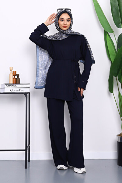 İmajButik طقم مودال مع تونيك مزين بأزرار باللون الأزرق الداكن وبنطلون