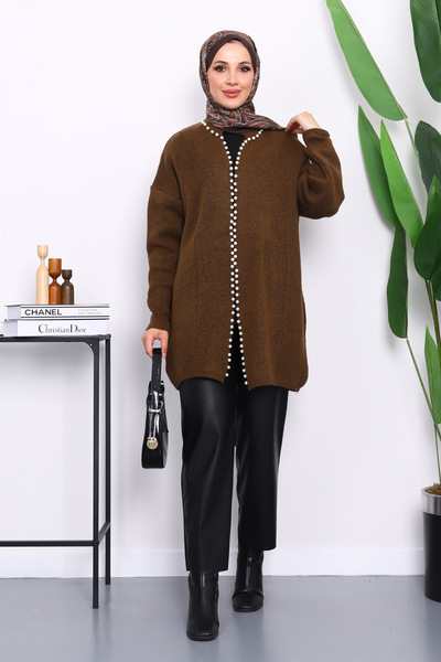 İmajButik Καφέ Μαλακό Πλεκτό Ζακέτα με Πέρλες