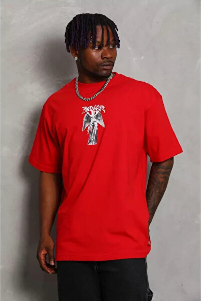 HAZEGO Unisex Oversize Printed Crew Neck T-Shirt - Red
