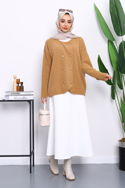 İmajButik Biscuit Heart Button Detailed Angora Soft Knit Cardigan