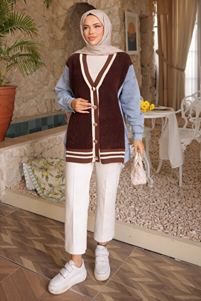 İmajButik Μαλακή πλεκτή ζακέτα με καφέ τζιν γαρνιτούρα