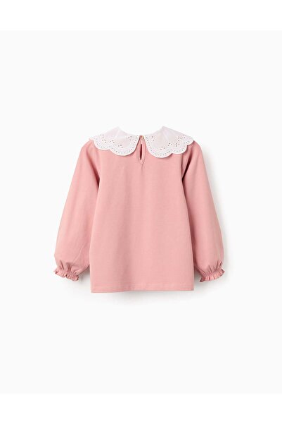 Ziddy T-shirt with Broderie Anglaise Collar and Ruffles for Girls, Pink
