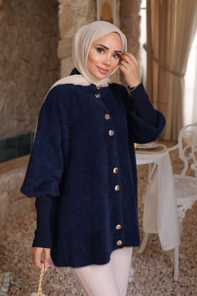 İmajButik Lacivert Dik Yaka Angora Yumoş Hırka