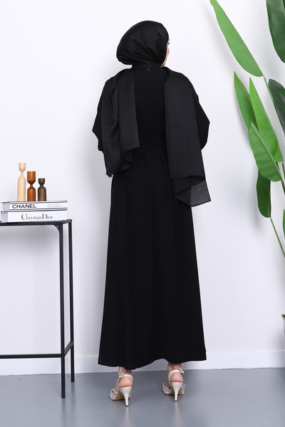 İmajButik Siyah Bel Bağlamalı Piliseli Elbise