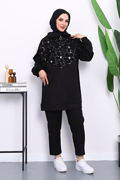 İmajButik Black Floral Patterned Zippered Tunic