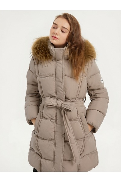 SETTY KOOP Women's Long Down Coat with Fur Hood Belted Waist, Waterproof geacă de iarnă damă