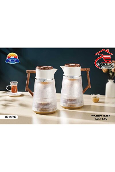 royal_camel Royal Camel 1+1L Transparent Tea and Coffee Thermos Set with Wooden Accents