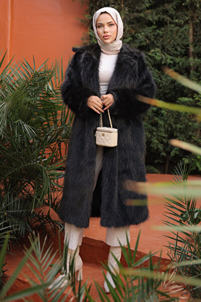 İmajButik Μαύρο γούνινο παλτό με τσέπες