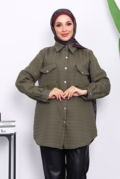 İmajButik Χακί καπιτονέ μπουφάν με κουμπωτά και τσέπες