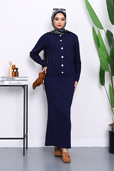 İmajButik Φόρεμα πλεκτό Navy Blue Crop Ζακέτα Διπλός Συνδυασμός