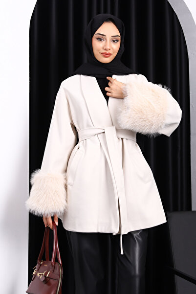 İmajButik Μπεζ παλτό με διπλή τσέπη και καστανό χρώμα