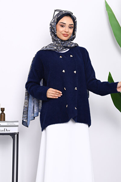 İmajButik Μπλε ναυτικό με λεπτομέρεια με κουμπιά σε σχήμα καρδιάς, μαλακό πλεκτό ζακέτα από ανγκόρα