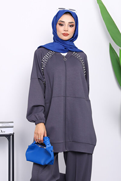 İmajButik Smoked Stone Detailed Zippered Tunic with Pants Modal Set
