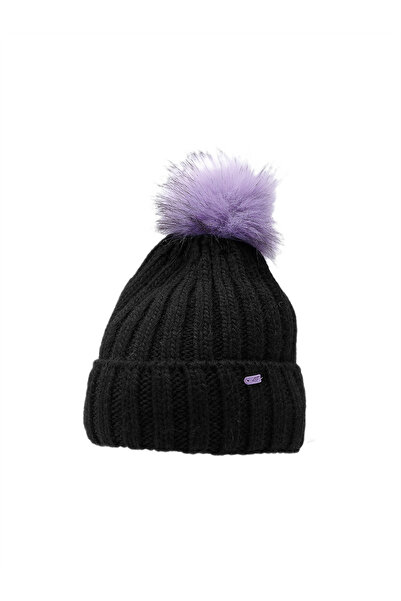 4F Căciulă de iarnă pentru copii cu pompon din fleece negru violet foarte căl...