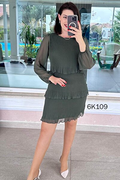 İnce Topuk 3 Katlı Multi Şifon Piliseli Elbise 6K109