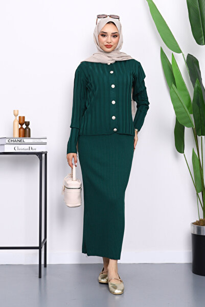 İmajButik Σμαραγδένιο Πράσινο Πλεκτό Φόρεμα Ζακέτα Διπλό Συνδυασμό