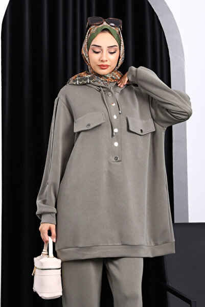 İmajButik Haki Çıtçıt Detaylı Tunik Pantolonlu Takım