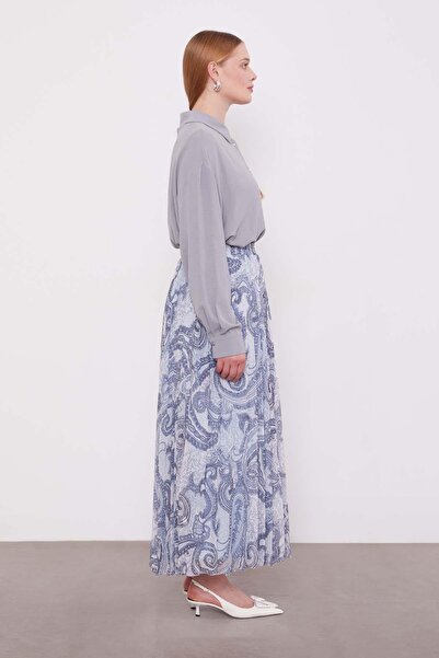Levidor Blue Ethnic Pattern Pleated Skirt