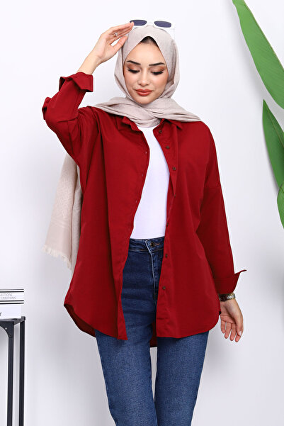 İmajButik Bordo Düğmeli Salaş Terikoton Gömlek