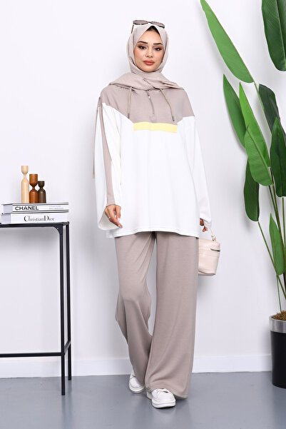 İmajButik Σετ Modal με κουκούλα βιζόν και παντελόνι τουνίκ