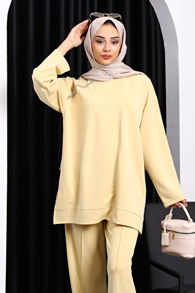 İmajButik Modal Suit with Yellow Stone Detailed Tunic and Trousers