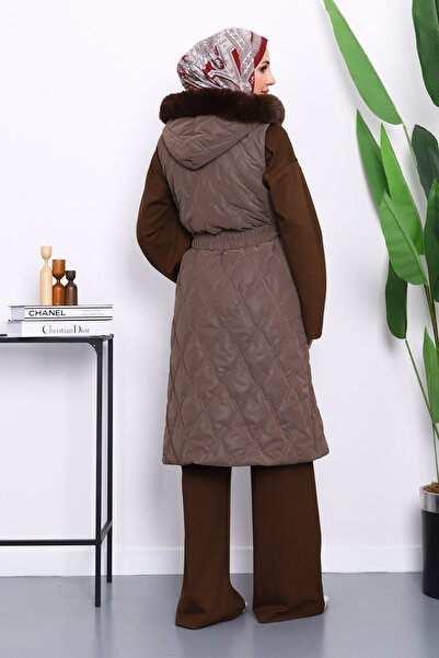 İmajButik Dark Mink Fur Detailed Hooded Long Vest