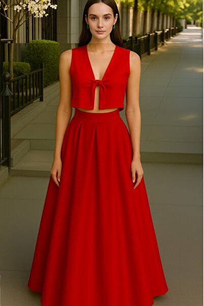 MadyaButik Women's Satin Front Tie Red Bustier