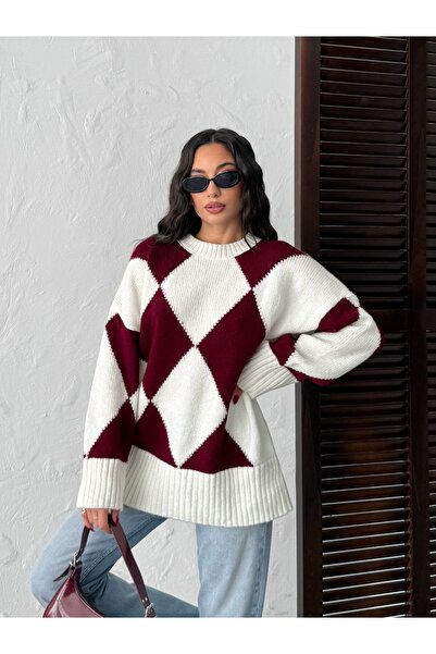 BEJNA Women's Burgundy Geometric Pattern Oversize Sweater