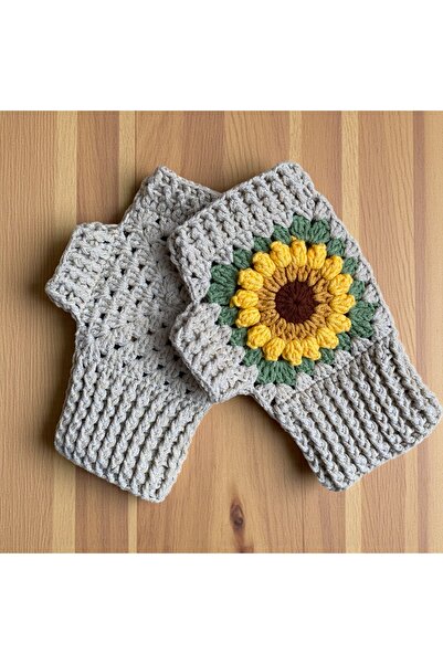 Satürn Hobi Knitted Sunflower Motif Beanie & Gloves Set