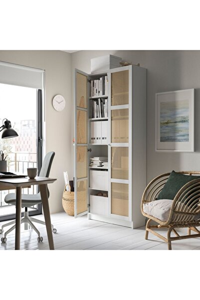 hobiurun Kapaklı kitaplık, beyaz-bambu, 80x30x202 cm