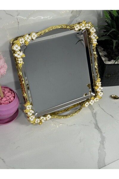 UK HOME ACCESSORIES Paslanmaz Gül Desenli Sunum Tepsisi – Beyaz Mine İşlemeli