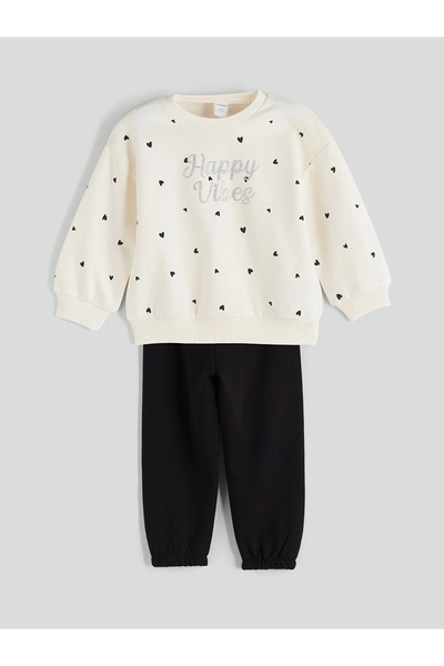 LC Waikiki Hanorac și pantaloni de trening pentru fete LCW Kids Ecru Crewneck