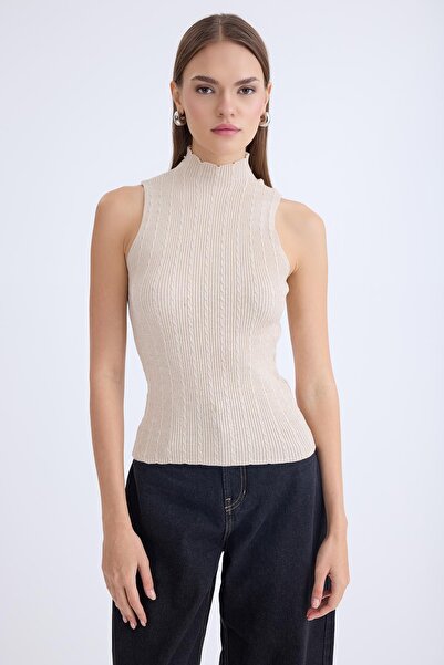 Vitrin Dik Yaka Örgü Desen Sıfır Kol Triko Bluz