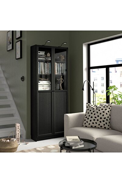 hobiurun Cam/panel kapaklı kitaplık, siyah meşe görünümlü, 80x30x202 cm