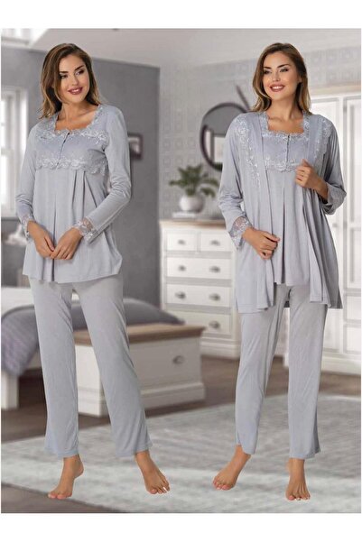 Lohusa Homewear Women's Gray Lace Detailed Pregnant Maternity Dressing Gown Pajamas Set 3 Pieces