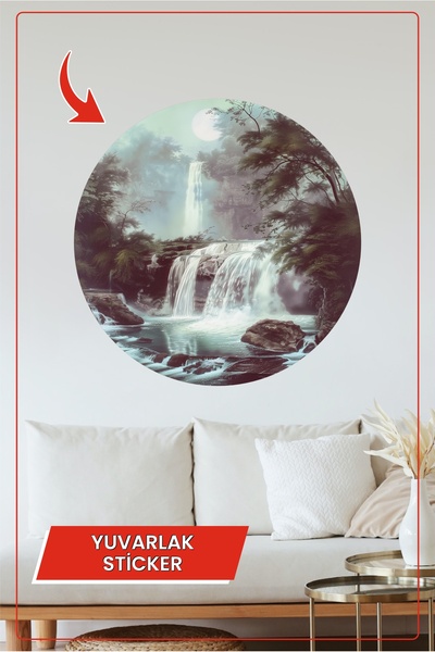 KOSS Dijital Autocolant rotund cu peisaj de cascadă și pădure, autocolant dec...