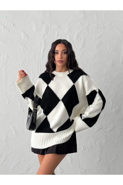 BEJNA Women's Black Geometric Pattern Oversize Sweater