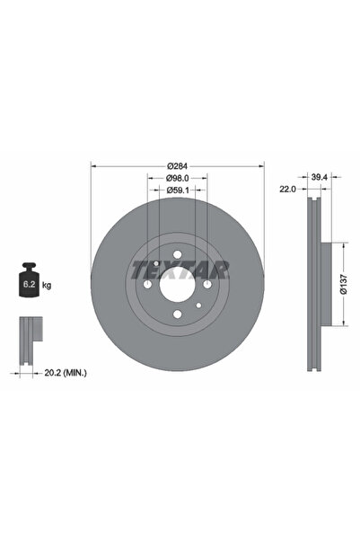 TEXTAR Дискова спирачка Alfa Romeo 145/146 Fiat Coupe/Multipla/Punto