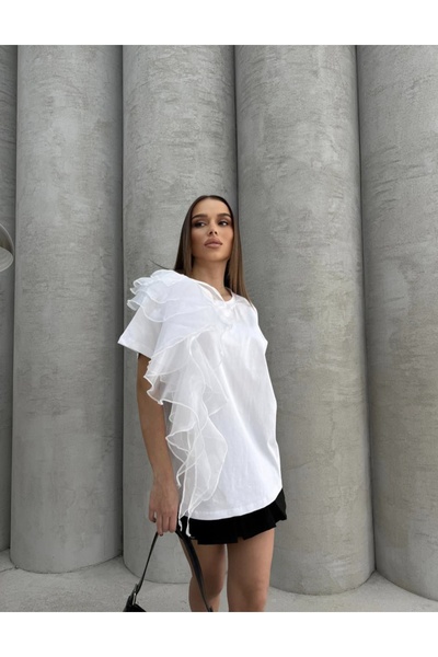 DENİZ Tül Fırfır Detaylı Oversize Tişört