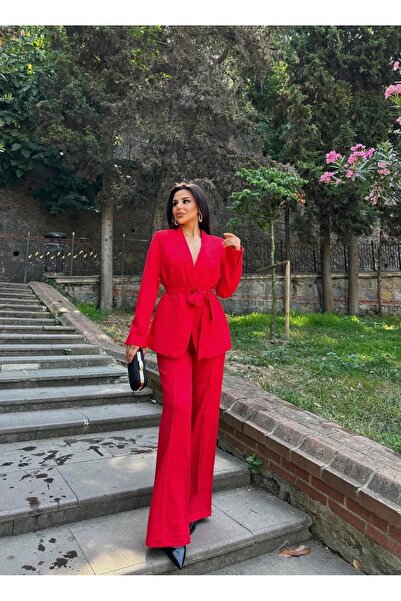 Ekim Store Kadın Ikili Kuşaklı Blazer Ceket Pantolon Takım