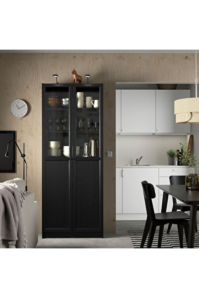 hobiurun Cam/panel kapaklı kitaplık, siyah meşe görünümlü, 80x30x202 cm