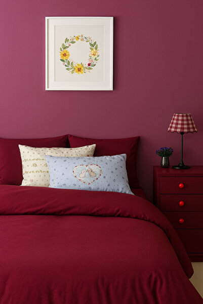 İQON Set lenjerie de pat cu cearșaf plat 100% bumbac pentru o persoană, roșu ...