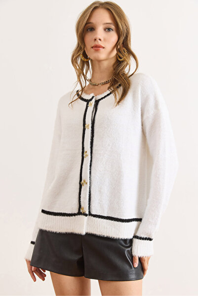 Olalook Women's White Button Detailed Striped Beard Knitwear Cardigan Hrk-19000425
