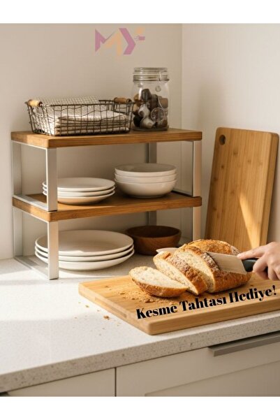 Myend Двойна етажерка и дъска за рязане, ръчно изработена от естествено дърво, органайзер за шкаф, тава, чаша, етажерка за баня