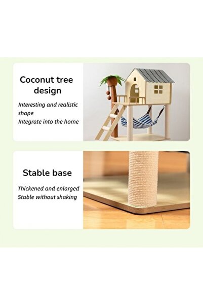 Golden cat Beach House Style Cat Hut with Climbing Frame, Litter Area, Tree, 83 x 60 x 40 cm